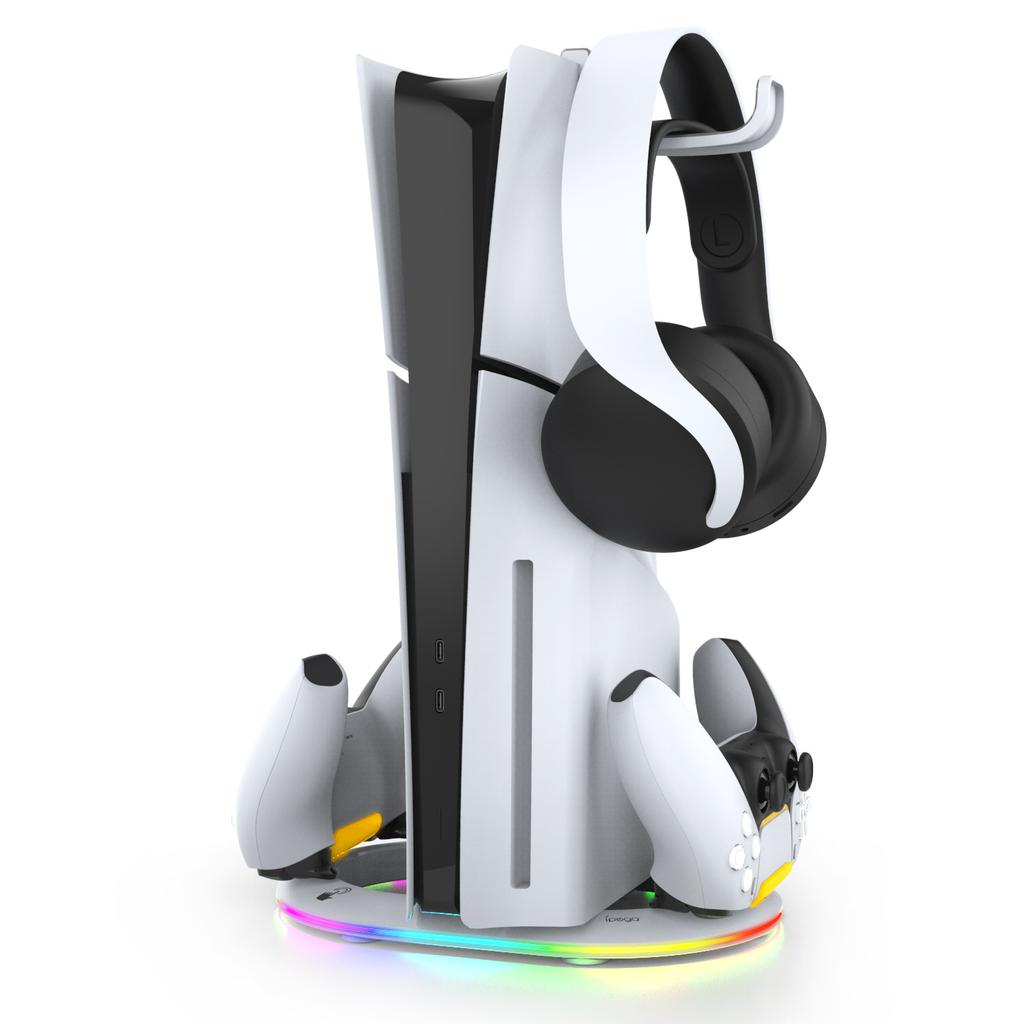 Vertical Stand for PS5 Slim/Pro,Multi-Function Dock with RGB Lighting, Headset Hook & Dual Controller Charging