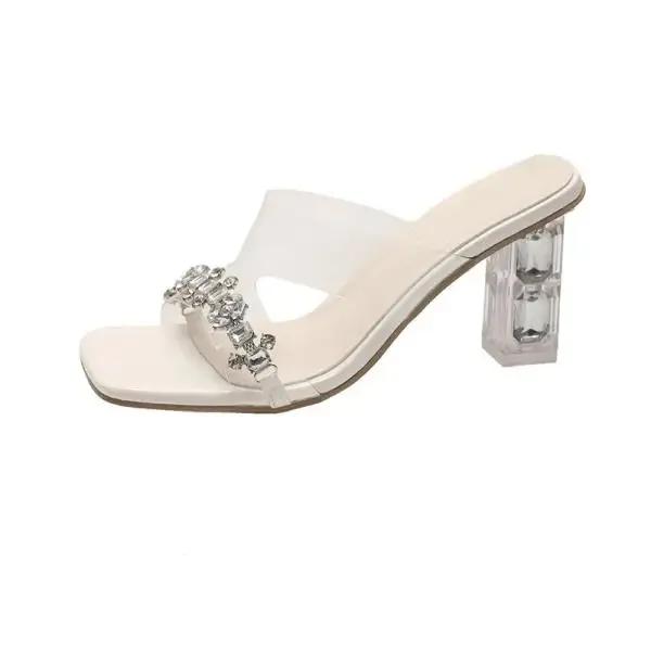 

Легкая роскошь Тысячи золотых стразов Прозрачный квадратный каблук Шлепанцы на толстом каблуке Квадратный носок 2025 Новый стиль Женские тапочки 40 покинуть белый