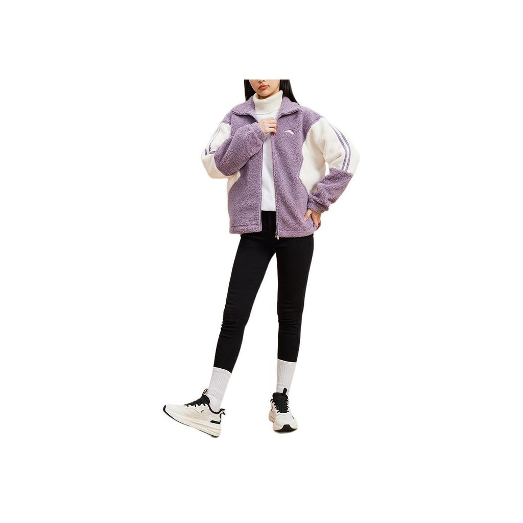 Anta Color Block Printed Embroidered Logo Zipper Stand Collar Fleece Jacket Women Jackets Purple 162247734-1