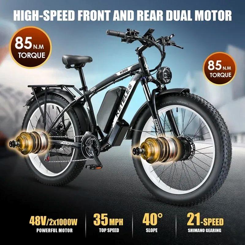 KETELES K800 E-Bike 2000W 48V23AH Battery Hydraulic Braking Electric Bicycle 21-Speed 26-Inch Fat Tire All Terrain Electric Bike