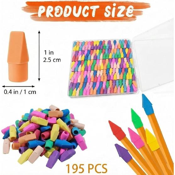 195PCS Pencil Top Erasers, Latex Free Chisel Shape Top Pencil Erasers, 10 Assorted Colors Classroom Erasers for Teachers, Students, School and