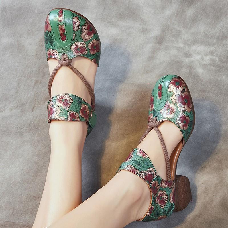 Johnature Letní dámské boty etnického stylu z pravé kůže, embosované, s tlustým podpatkem, s měkkou podrážkou, vintage sandály