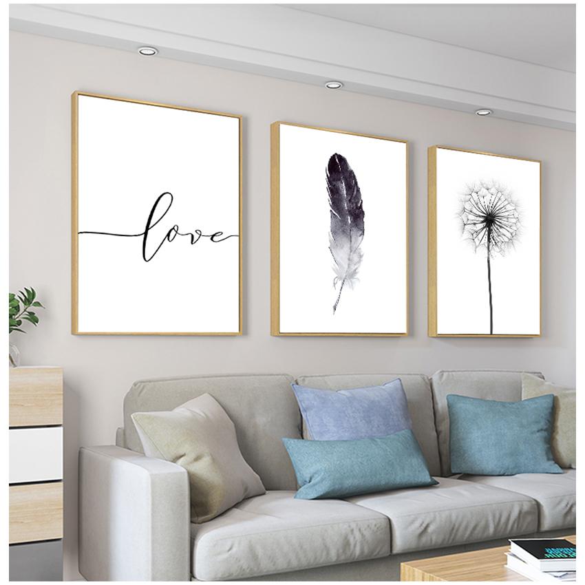 Home Picture Wall Decoration Black and White Dandelion Feathers and Print Letter Love Wall Art Canvas Painting