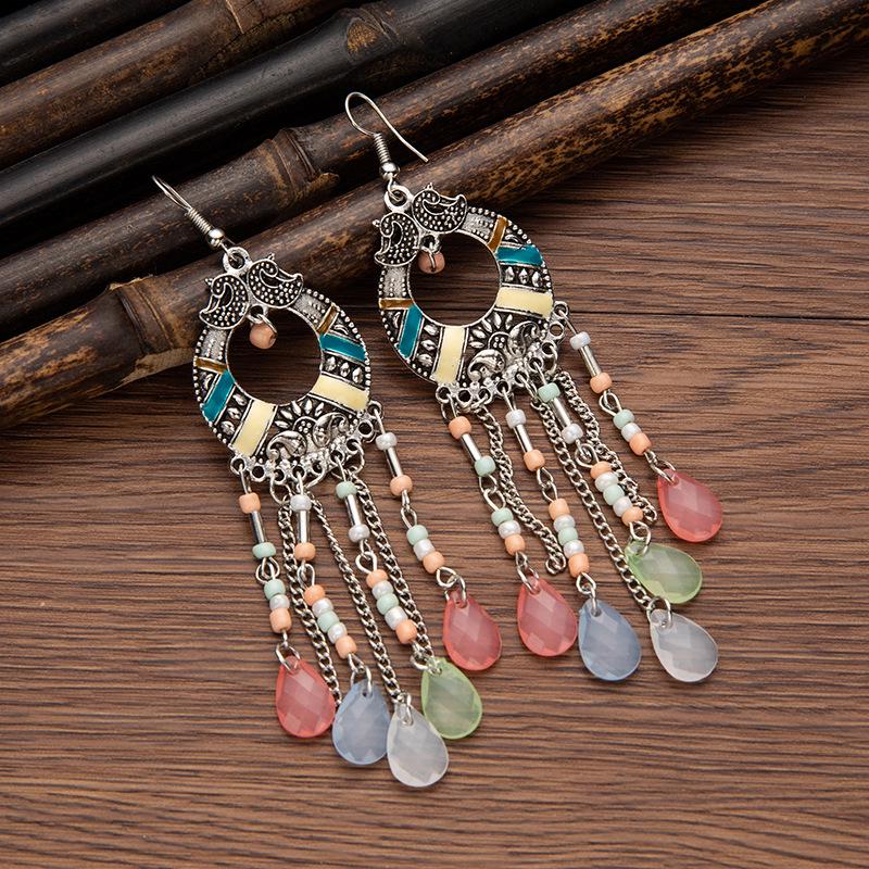 Bohemian Cross-Border Handmade Water Drop Rice Bead Tassel Earrings for Travel Photography