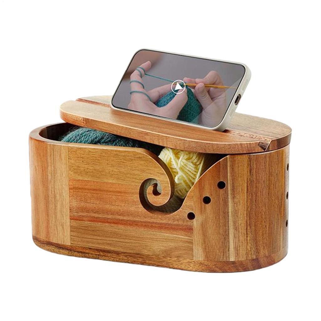Wooden Yarn Bowl With Lid Large Oval Crochet Yarn Storage Container Handmade For Quilting Knitting Weaving Crocheting Threading