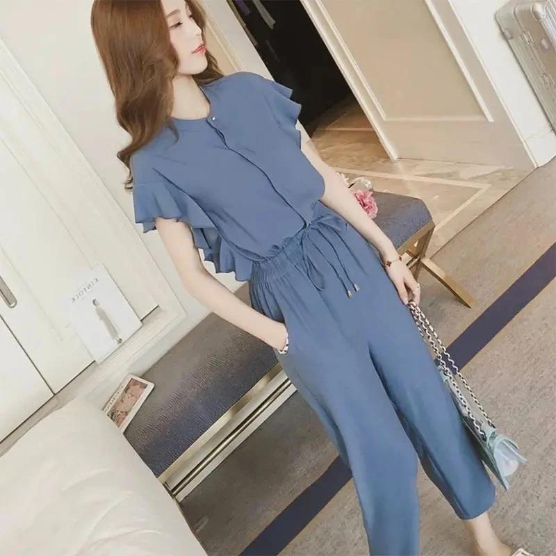 

Женский летний однотонный дизайн, топ с коротким рукавом + брюки для дома, комплект из двух предметов XXS