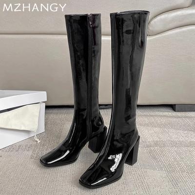 Fashion High Heels Women High Boots Leather Square Toe Chunky Shoes 2025 Trend Winter Party Chelsea Boots Pumps Sexy New Mujer Botas