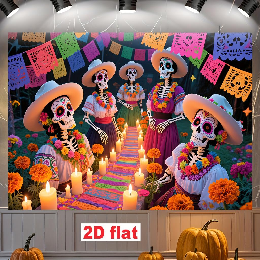 2D Flat Banner [Party Banner, Flag] - Made of Polyester, with a Mexican Day of the Dead Theme Background Fabric.zyc