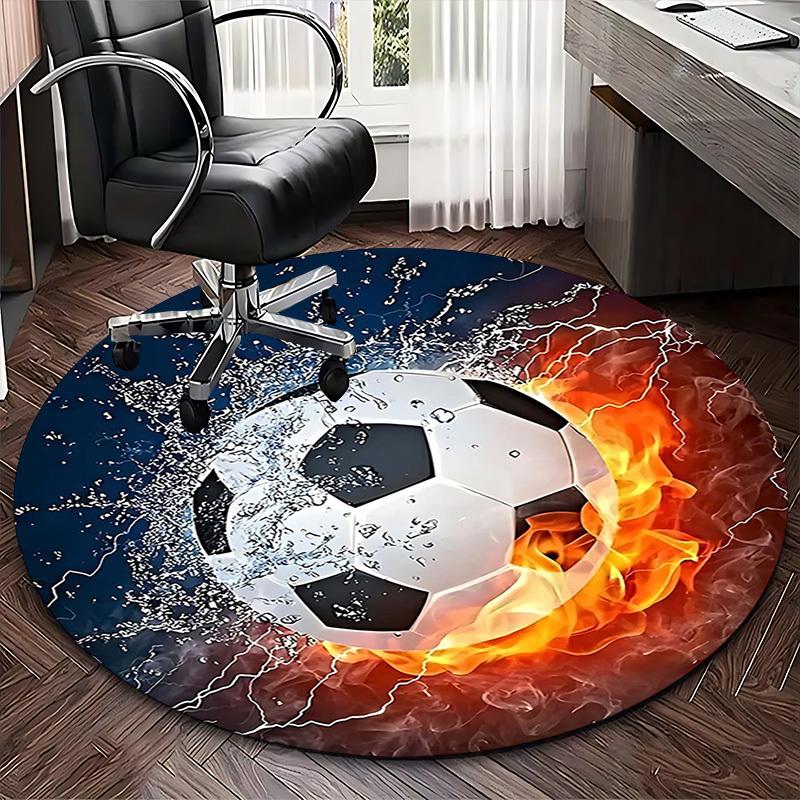1 Stück Fußball mit Wasserspritzern und Feuermuster Runder Teppich Bürostuhlmatte, Rutschfester Teppich für Heimdekoration, Wohnzimmer, Schlafzimmer, Spielzimmer, Geschenk