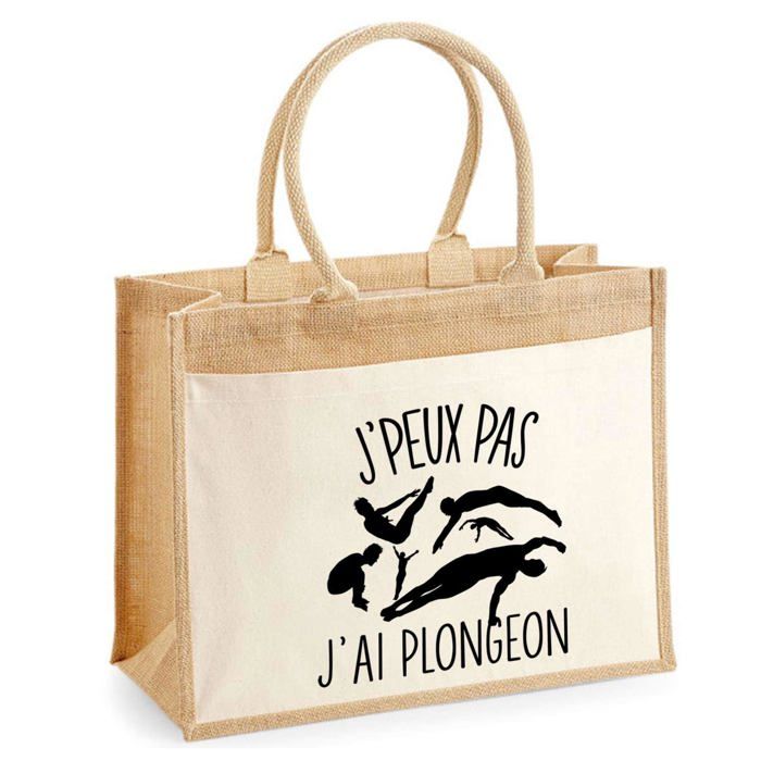 Sac de plage - PLANETEE - Jute avec poche « Plongeon J'peux pas » - Coton naturel - 43 x 33 cm - Anses solides