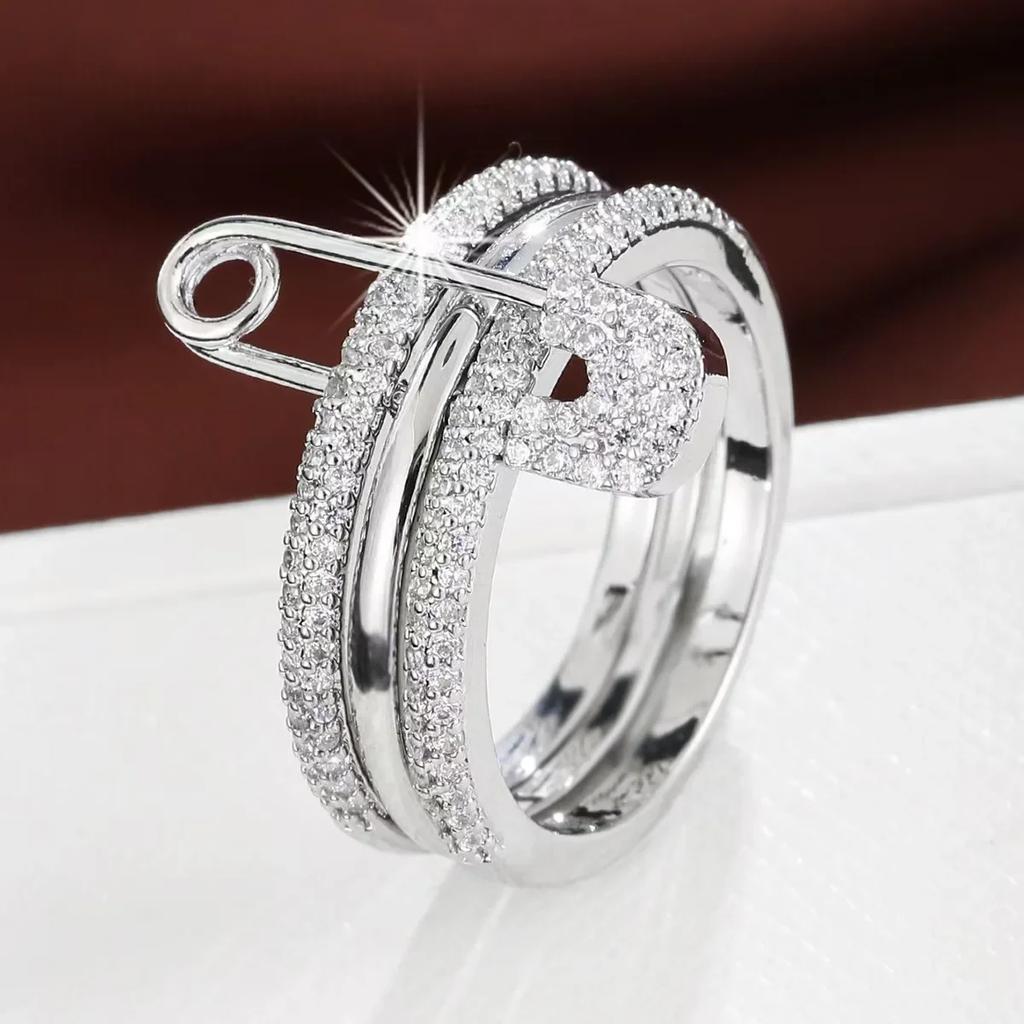 Connection Three Layers Pin Rings for Women CZ Cubic Zirconia Stackable Rings Stainless Steel New Year Gift Party Jewelry