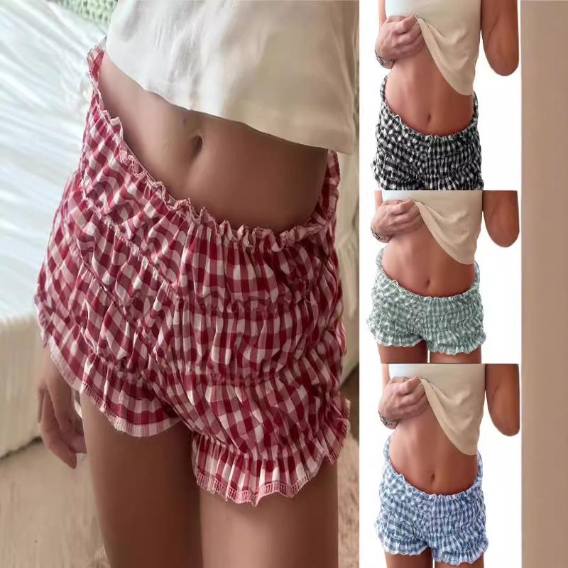 Women's Shorts, Casual Plaid Shorts, Fashionable Ruffle-edged Sexy Low-rise Shorts