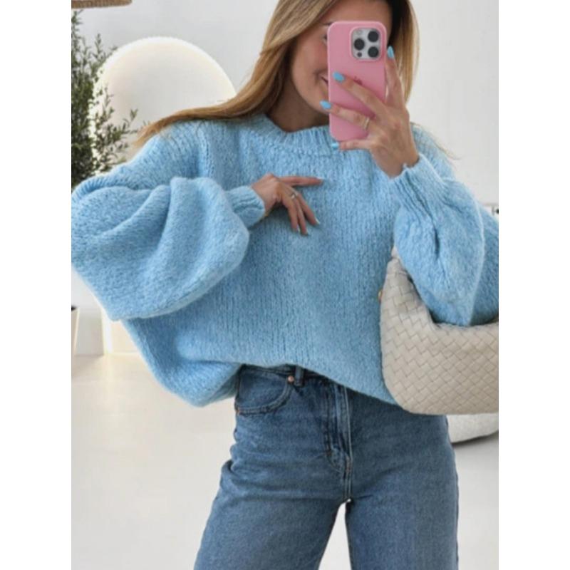 2025 Autumn and Winter Women's Loose Lantern Sleeve Sweater Round Collar Pullover Solid Color Knitted Sweater