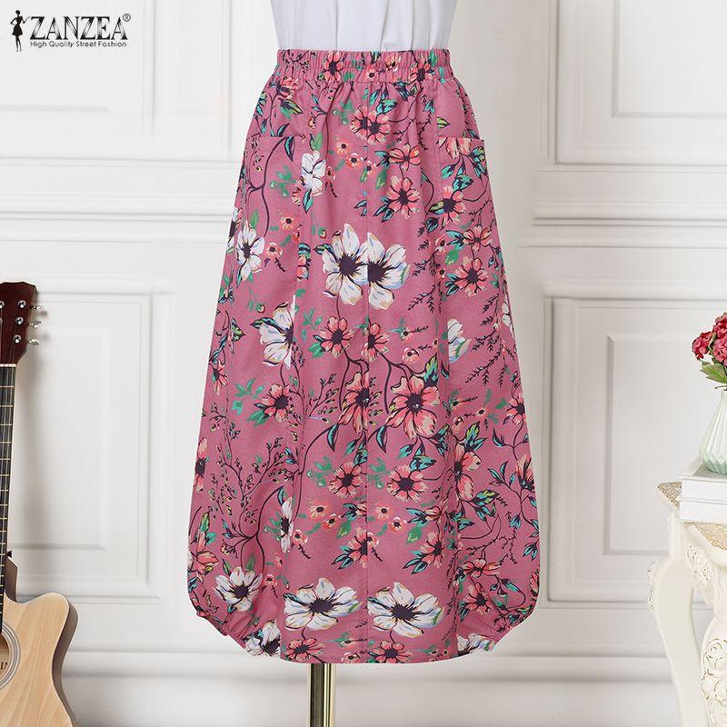 ZANZEA Women Casual Elastic Waist Loose Floral Print Midi Skirts