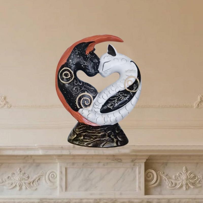 Resin Yin Yangs Cats Statue Black and  Yin Yangs Art Desk Decors,Cats Figurines Tabletop Ornament Home Decorations