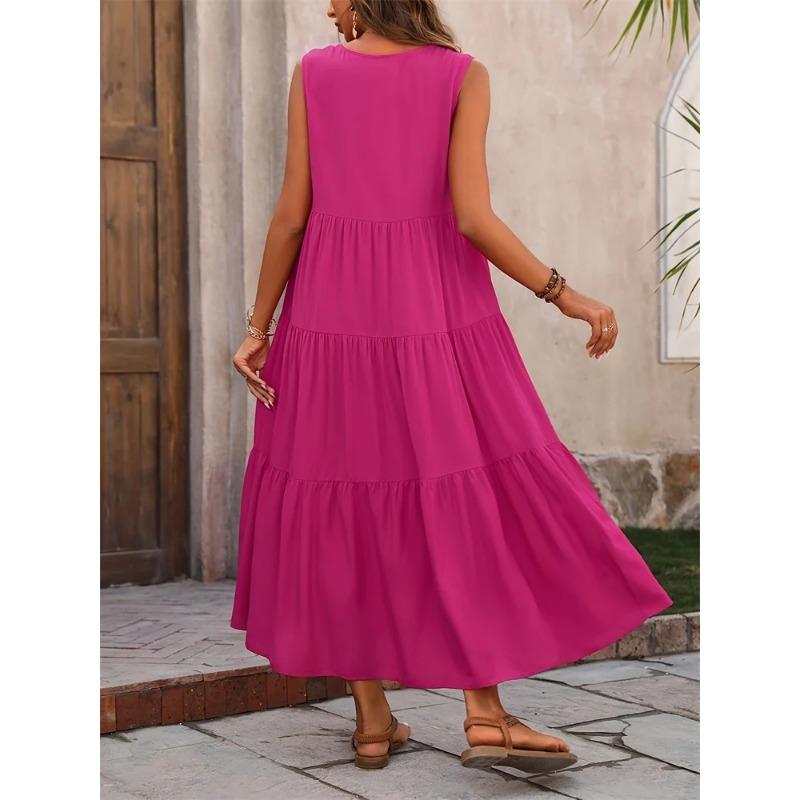 2025 Women Dress Summer Casual Vacation Holiday Beach Long Dresses V-neck Loose Elegant Yellow Black RUFFLES Dress Femme