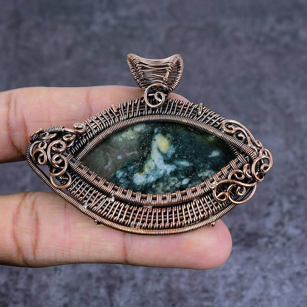 Pierre Gemme Agate Arbre Naturel Fait Main Fil de Cuivre Enveloppé Bijou Pendentif 2.17" R2e95