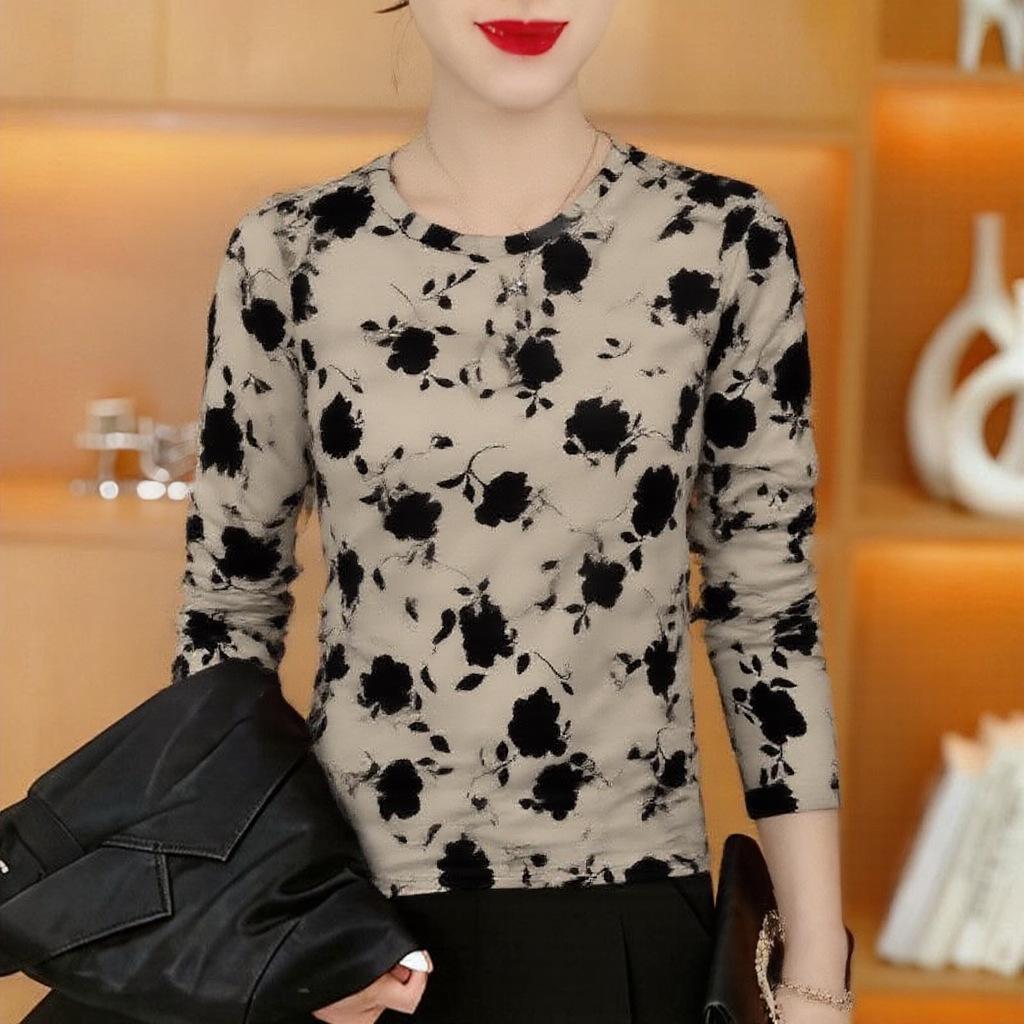 

Spring Slimming Long Sleeve Printed T-shirt for Middle-Aged Women - Age-Reducing & Tummy-Covering Top M