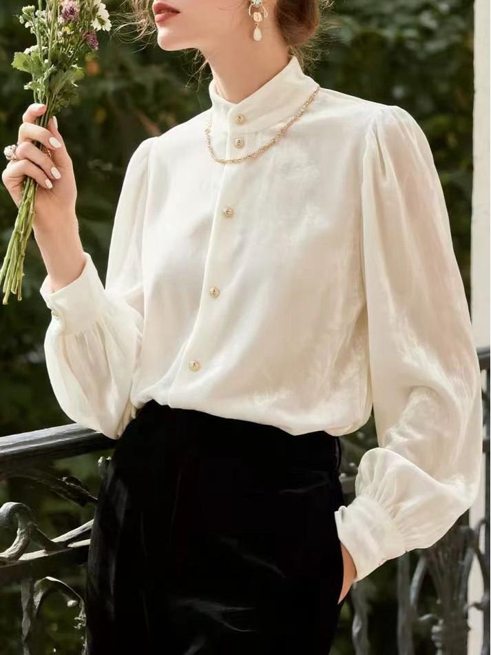 Women's Velvet Stand-Up Collar Shirt - 2025 Autumn/Winter Collection, High-End Long-Sleeved Top.