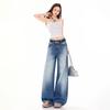 Spring Summer Vintage Sandblast Washed Relaxed Micro Flare Elegant Casual Full Length Denim Pants Female Casual Pants Oversize Denim Trousers