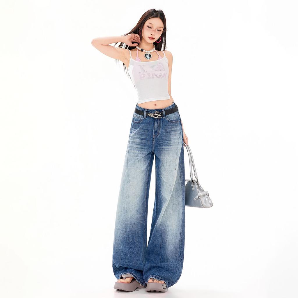 Spring Summer Vintage Sandblast Washed Relaxed Micro Flare Elegant Casual Full Length Denim Pants Female Casual Pants Oversize Denim Trousers