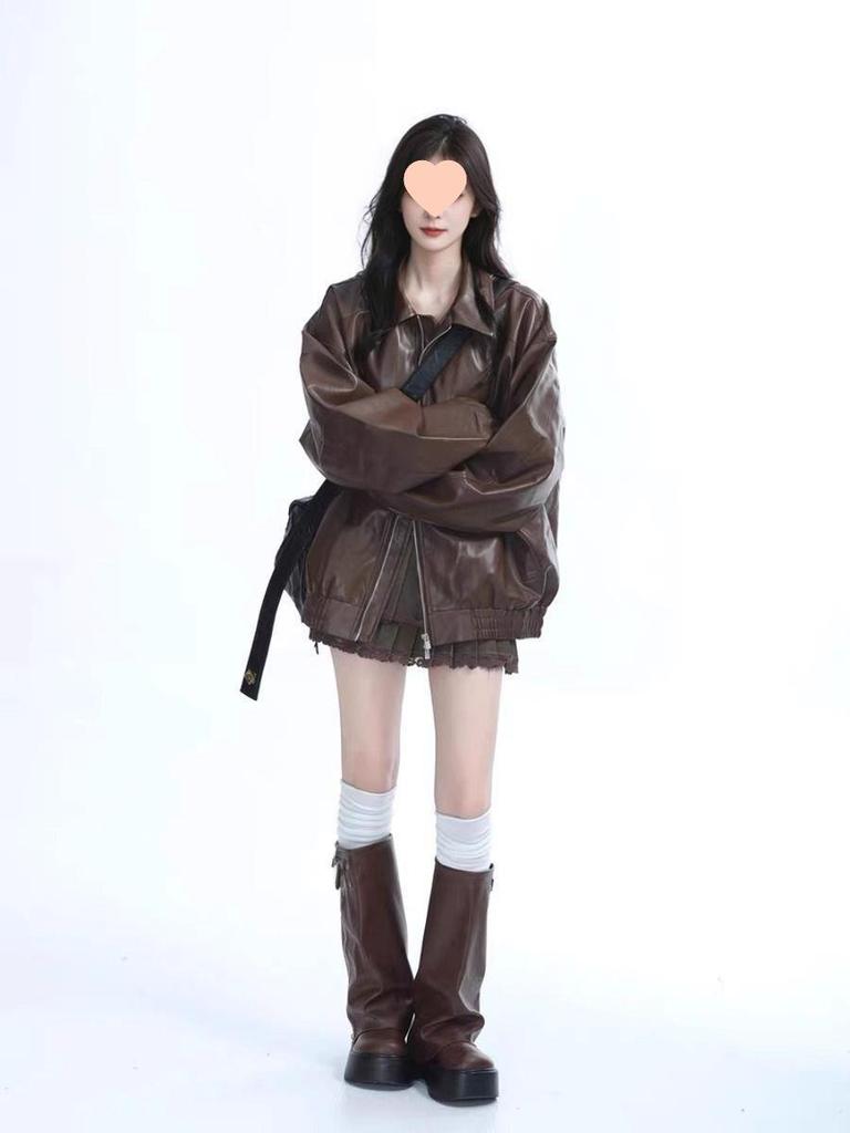 Unisex Retro American Style Leather Jacket with Velvet Lining for Autumn and Winter