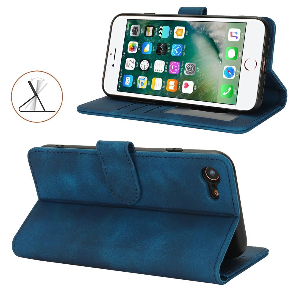 (iPhone SE (2022), Blue) Wallet Case for iPhone SE (2022)/(2020)/8/7 Double Folded Edge Skin Touch PU Leather Flip Phone Cover