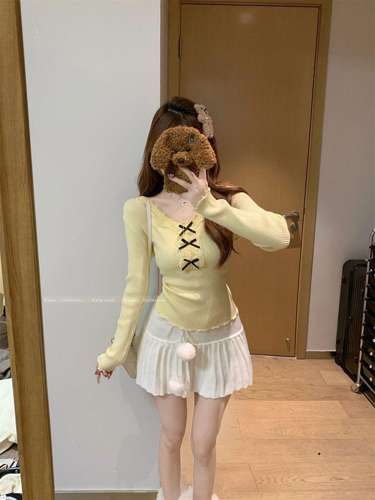 Korean Lace Patchwork Knitted Slim-fit Sweater for Women - 2025 Autumn/Winter Trendy Top