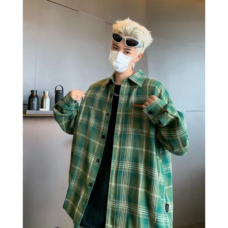 JUMPNEXT Trendy Brushed Plaid Shirt Unisex Spring Vintage American Style Loose Long Sleeve Shirt Couple Jacket