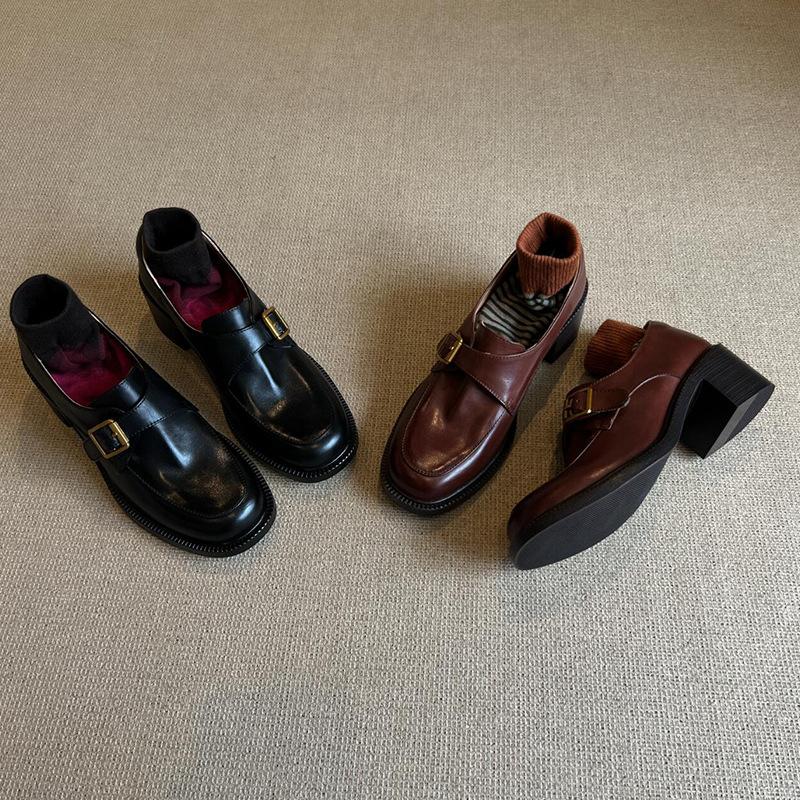 Sheepskin version! This year's popular loafers British style black retro round head metal buckle thick heel French single shoes