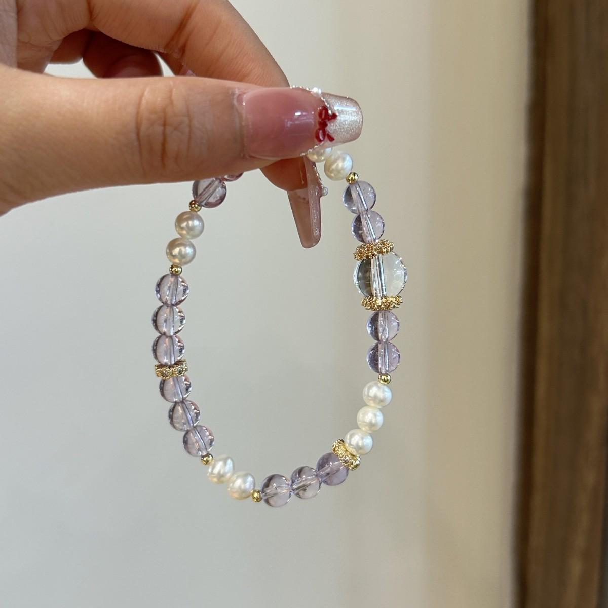 

Qiaoen Amethyst & Pearl Light Luxury Bracelet with Crystal Accents Wrist 16-17cm
