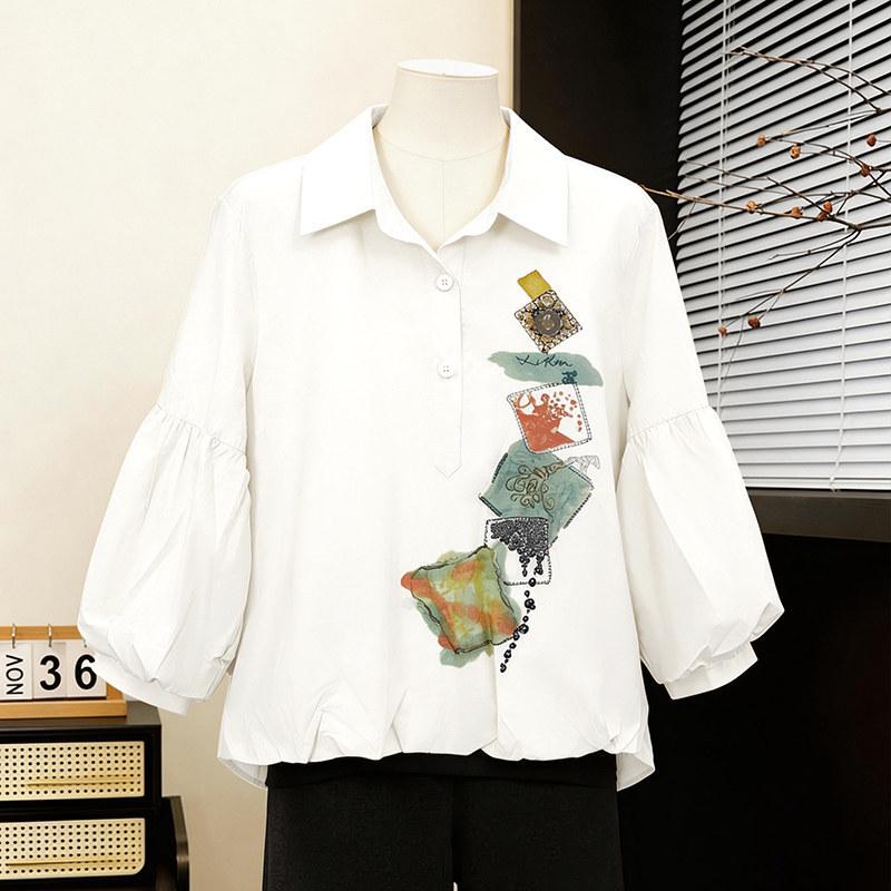 2026 Spring Elegant Lantern Sleeve Printed Shirt - Korean Style, Age-Defying Fashion M - Up to 55 kg