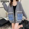 WTEMPO Loose Spliced Cardigan Women Open Front Sweater Long Sleeve V Neck Knitwear Female Coat with Patchwork Denim Pocket