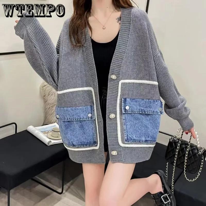 WTEMPO Loose Spliced Cardigan Women Open Front Sweater Long Sleeve V Neck Knitwear Female Coat with Patchwork Denim Pocket