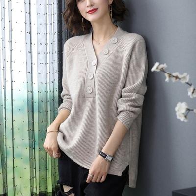 Spring and Autumn Women's V-Neck Sweater Loose Plus Size Knit Sweater Split Pullover Knit Tops Jumper
