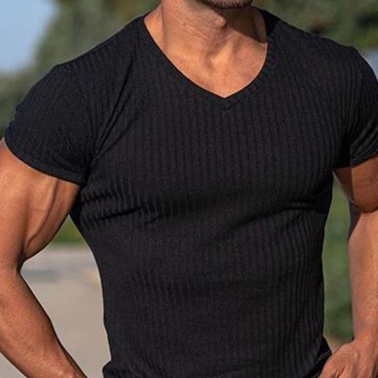 V-neck Short Sleeve Vertical Striped Lines Men T-shirt Solid Color Simple Summer Tee Shirt Streetwear