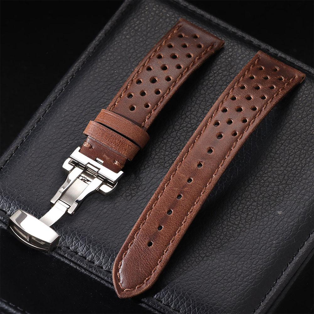 Universal Genuine Cowhide Watch Band Butterfly Buckle Vintage Straps for Men Women Breathable Bracelet Belt 18/20/22mm Wristband