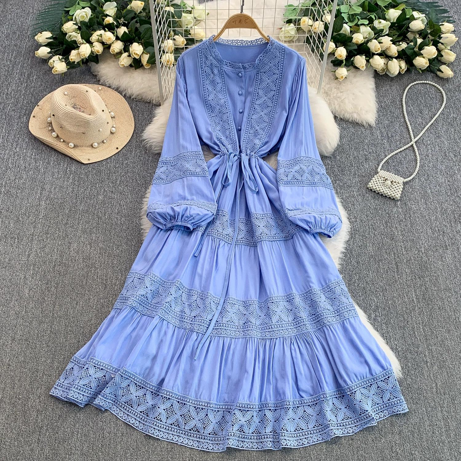 

Мереживне печворкове плаття з круглим вирізом та довгими рукавами для жінок на весну-осінь, на ґудзиках, зі шнурівкою для підкреслення талії, що облягає, фасону кейк One size синій