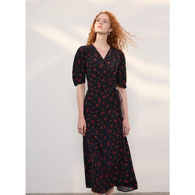

French Retro Floral Puff Sleeve V-Neck Maxi Dress M