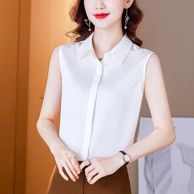 Chemisier élégant pour femme, chemisier en satin, tempérament, navetteur, carrière, chemise sans manches, revers ample, chemisier blanc