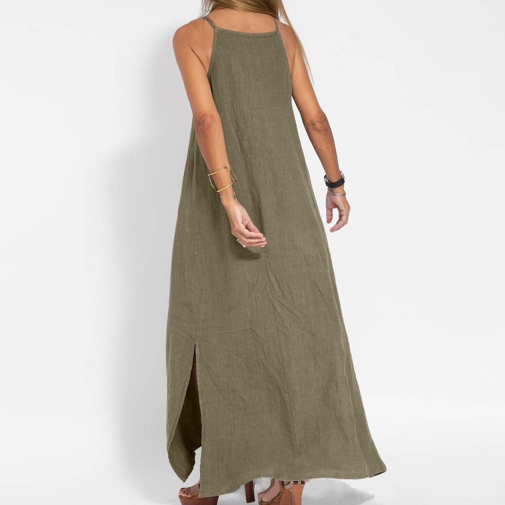 Women's Fashion Casual Loose Cotton Linen Split Sleeveless Dresses