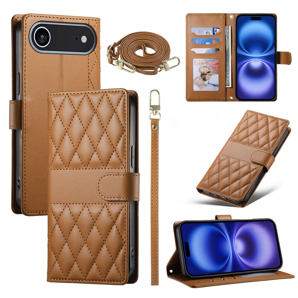 For iPhone 17 Air Case Rhombus Stitching Wallet Stand Leather Phone Cover with Long/Short Strap