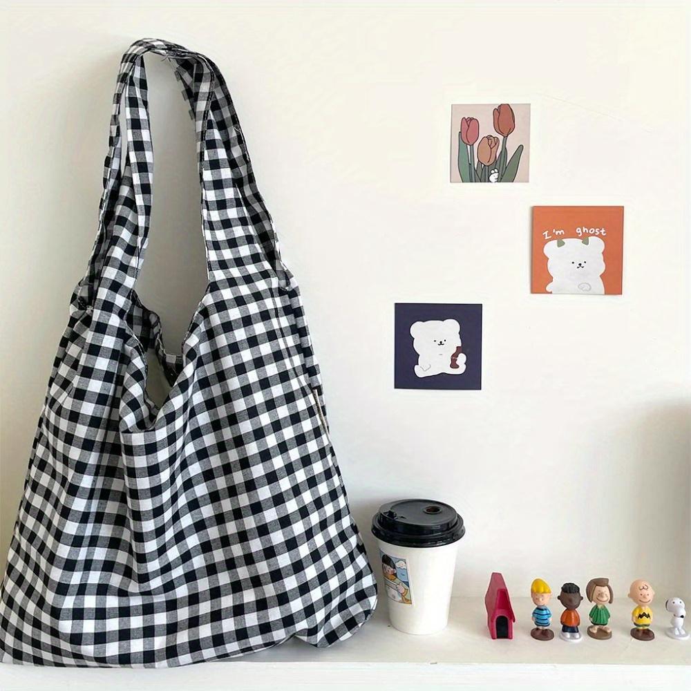 Women's Large Capacity Lightweight Foldable Tote Bag with Plaid Pattern -Suitable for Commuting, Travel, Camping Handbag