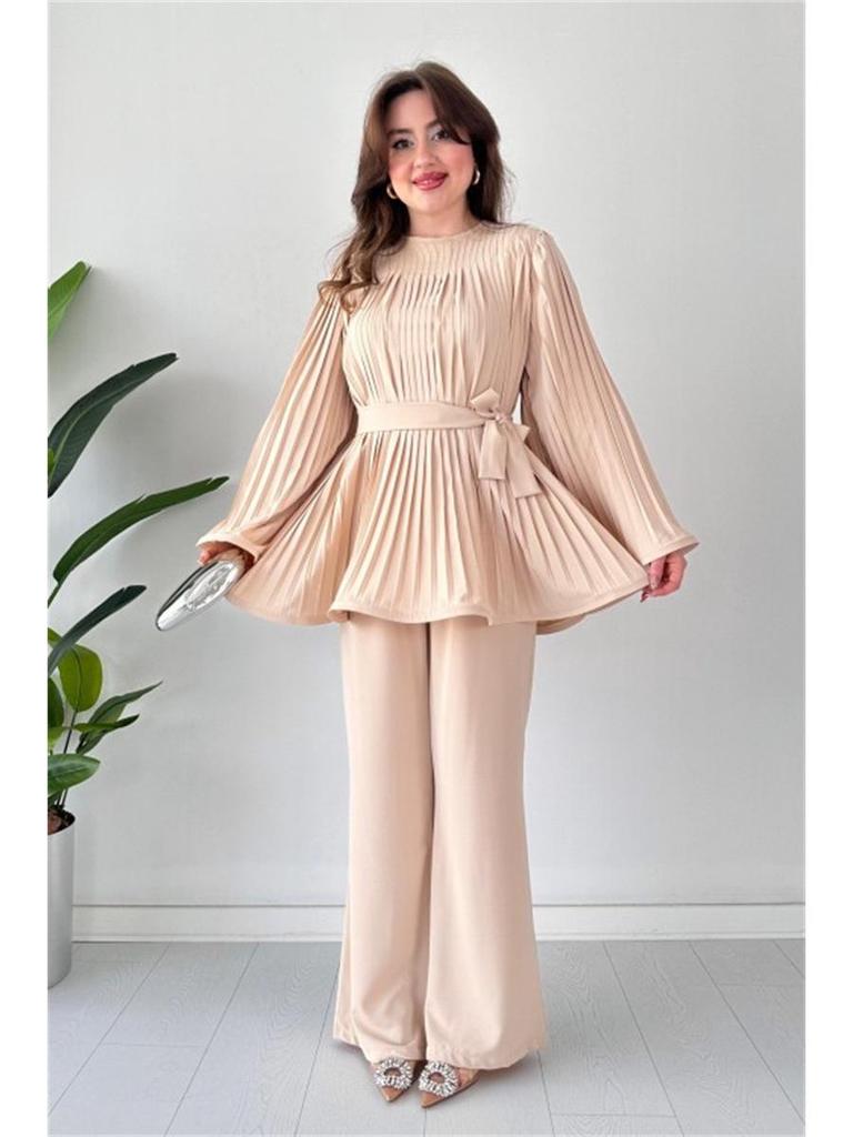 Nuovo Set Moda Donna 2024: Top Pieghettato con Lacci e Pantaloni a Gamba Larga