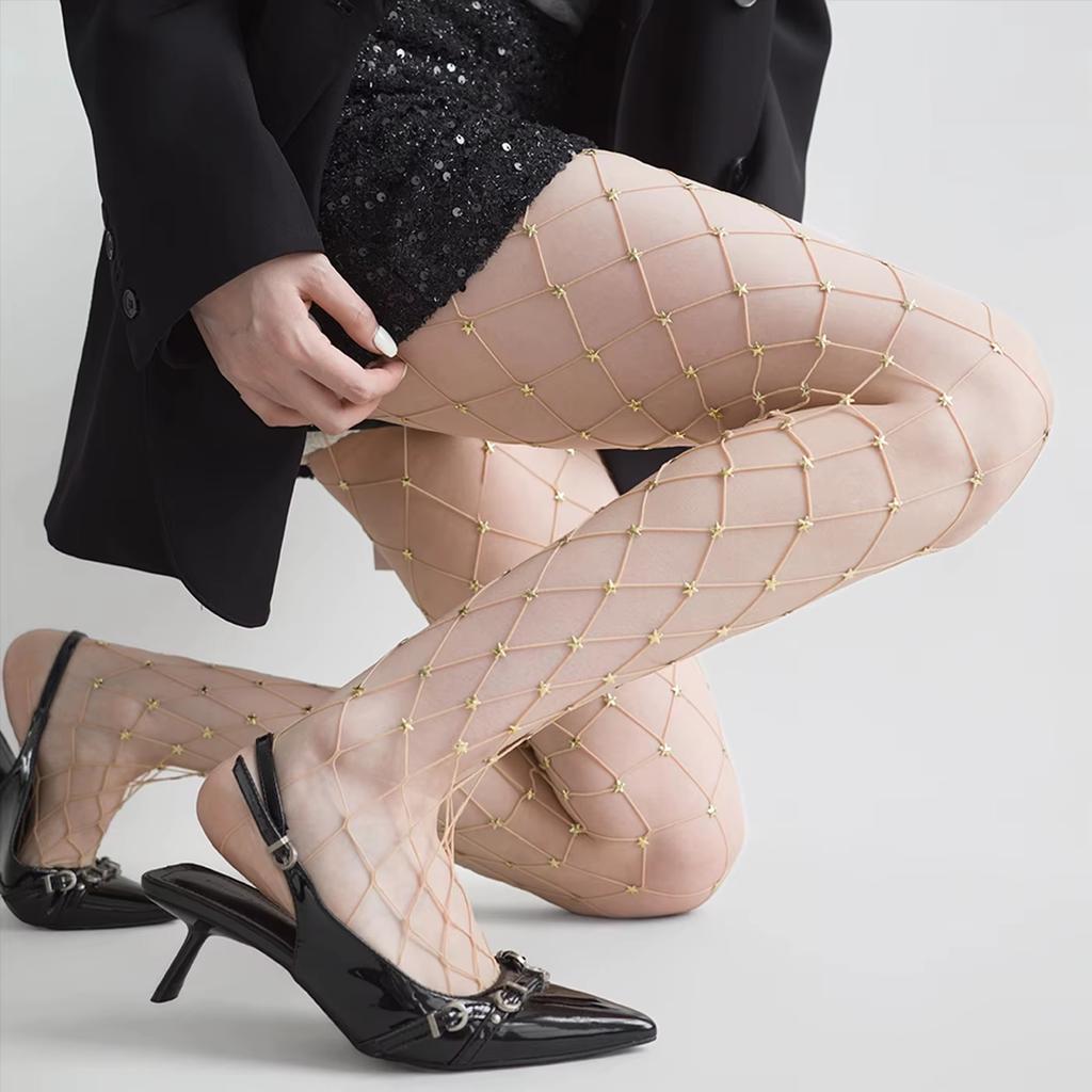 Japanese Shibuya Girl Colorful Fishnet Stockings Star Diamonds Sexy Women Drill Tights Pantyhose Tights For Female Party