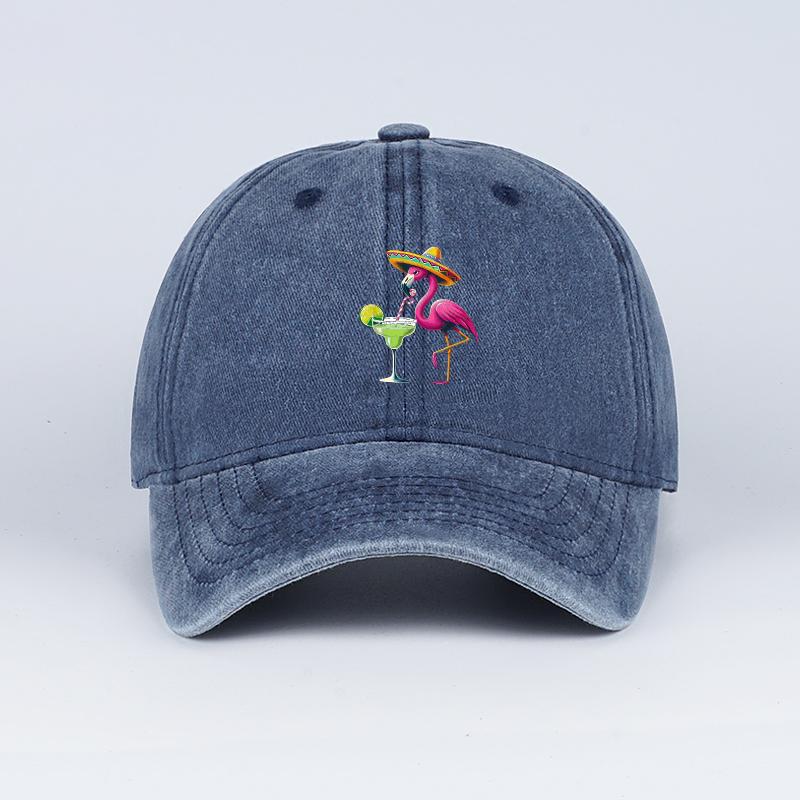 

Flamingo Straw Hat Cocktail Print Washed Baseball Cap Playful Tropical Retro Style Beach Getaway, Daily Commute, Holiday Gift темно-синий