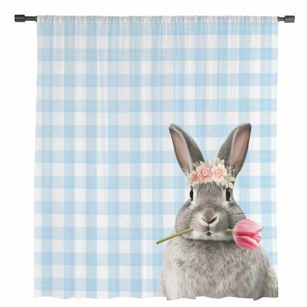 Easter Bunny Plaid Tulips Sheer Curtains For Living Room Kitchen Window Curtains Bedroom Tulle Voile Curtains