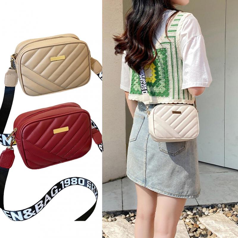 Shoulder Bag Large Capacity Zipper Closure Trendy Minimalistic Widen Webbing Storing Cosmetics Faux Leather Square Shape Cross-body Bag