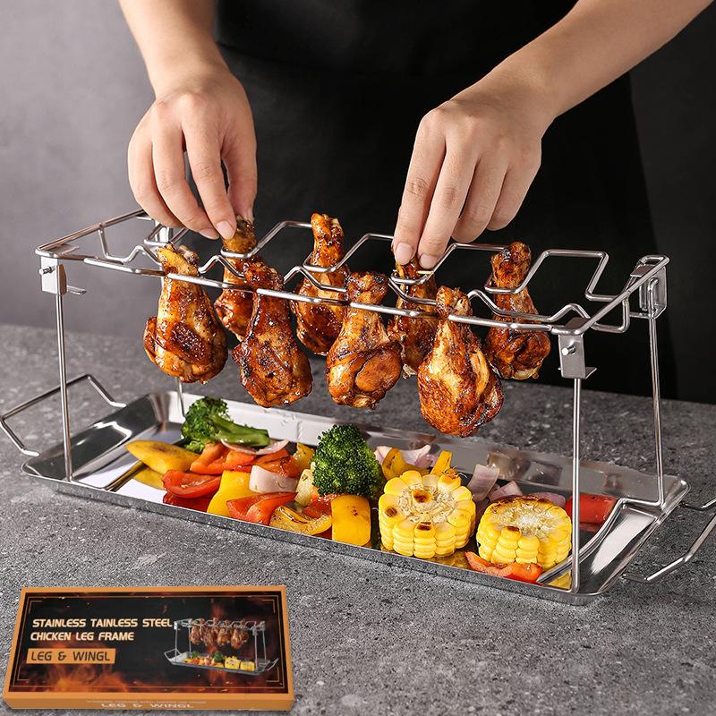 Collapsible Stainless Steel Barbecue Roaster Stand Tray Chicken Leg Wing Rack 14 Slots Stainless Steel Roaster Stand