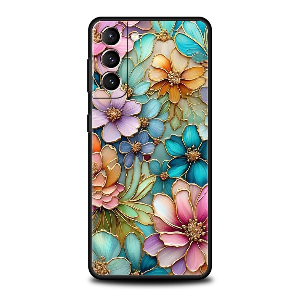 Fashion Flower Pattern Phone Case For Samsung Galaxy S26 Ultra S25 Plus S24 FE S23 S22 5G S21 S20 Cover Black Soft